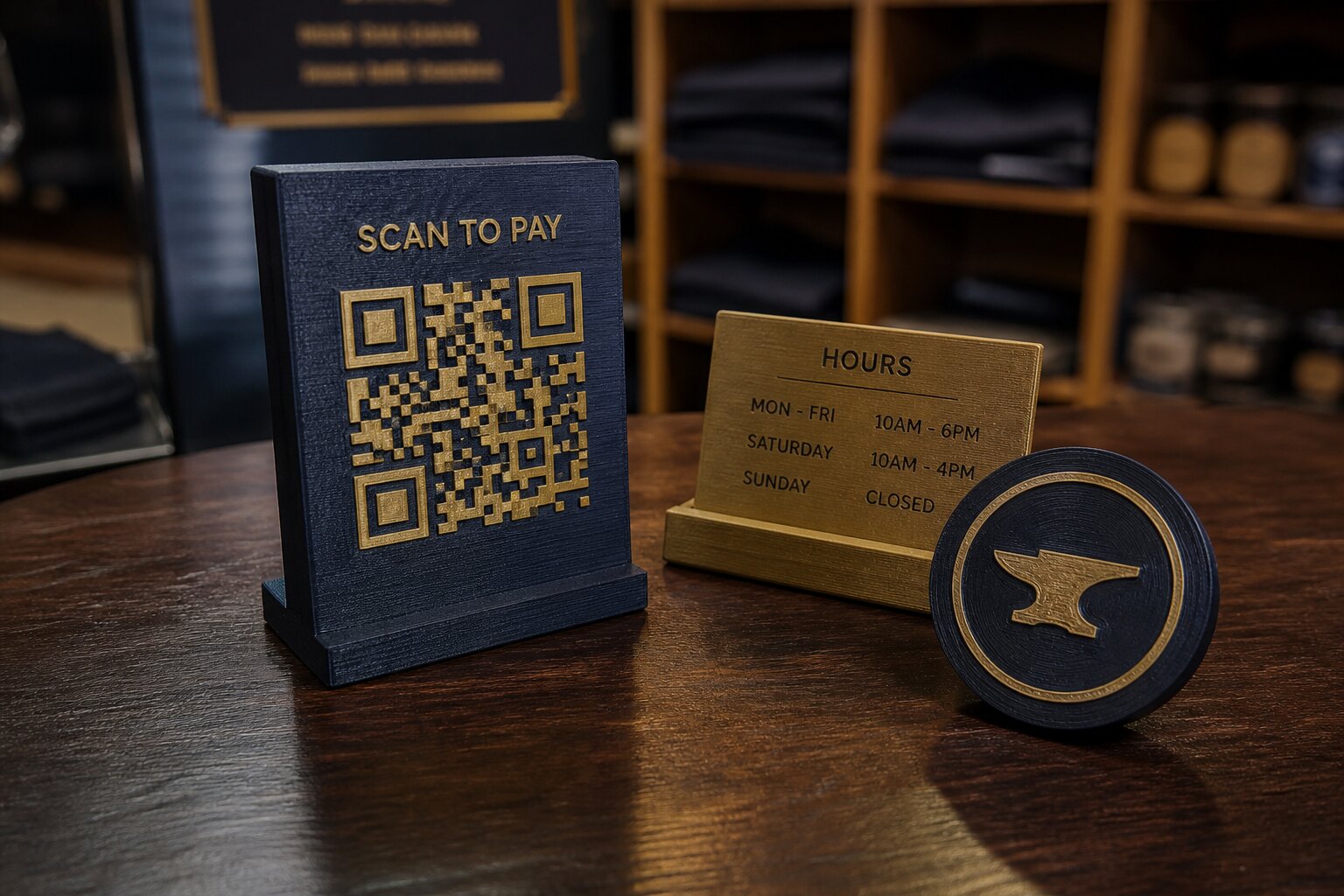 Example counter kit: QR stand, hours card, and a small logo disc