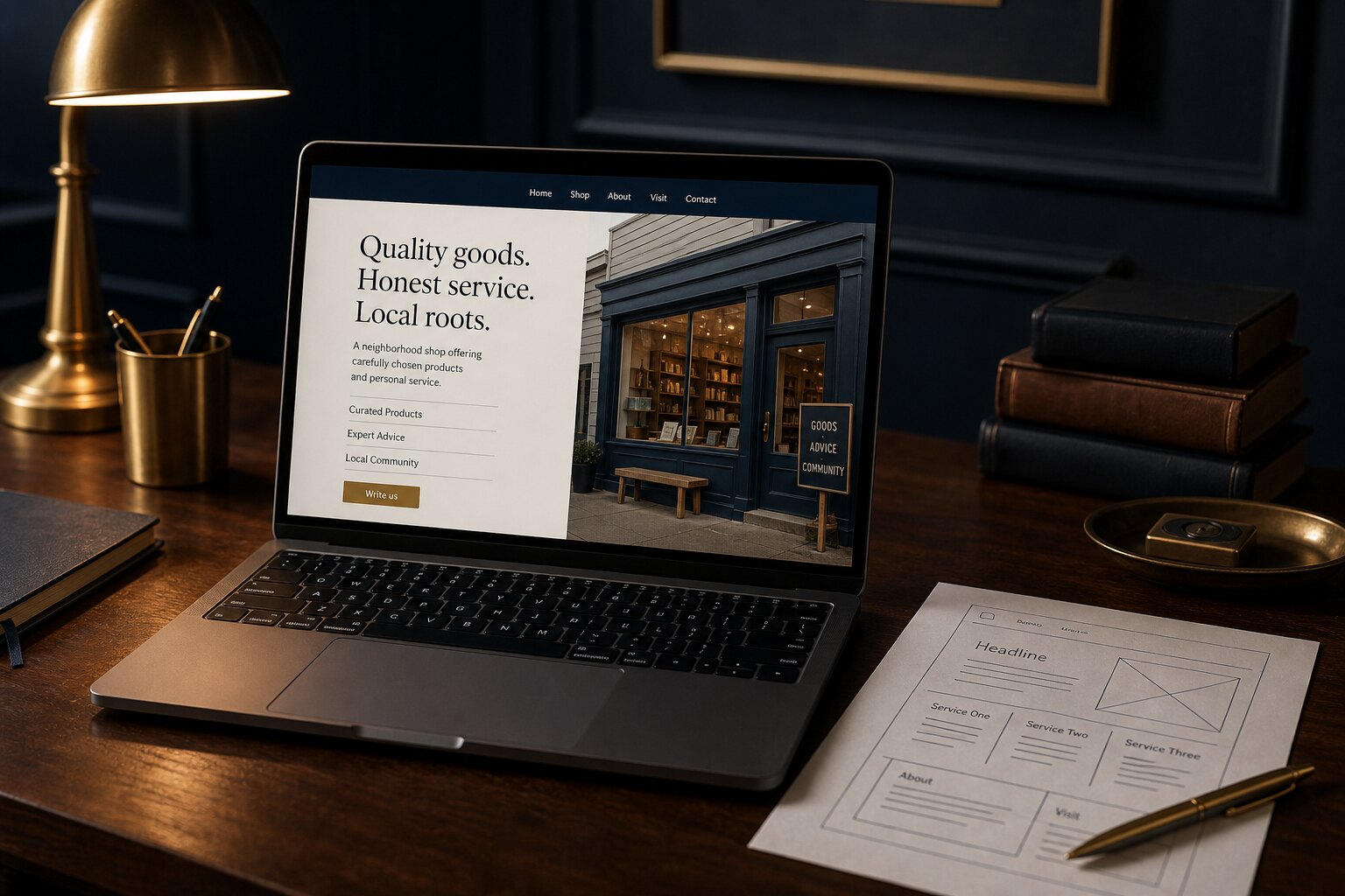 A laptop on a desk showing a local shop website in progress